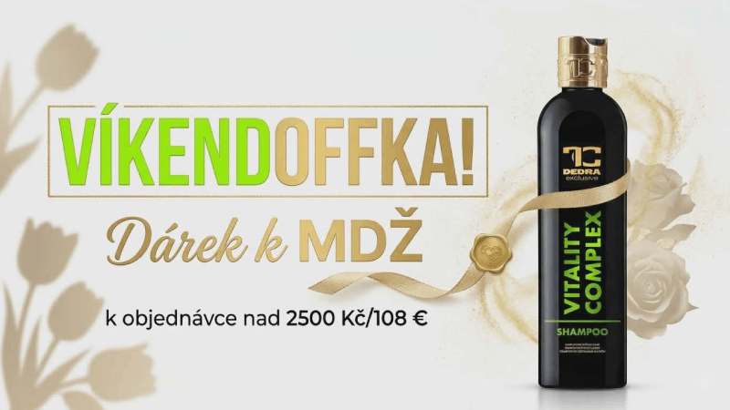 Ke KAŽDÉ OBJEDNÁVCE nad 2500 Kč/108 € dostanete dárek 🎁 ZDARMA. VITALITY COMPLEX šampón pro každodenní použití s Keratinem & pšeničnými proteiny pro výživu & posílení vlasů 320 ml v hodnotě 249 Kč/10,79 €. Platnost akce od pátku 6.3.2026 do neděle 8.3.2026.